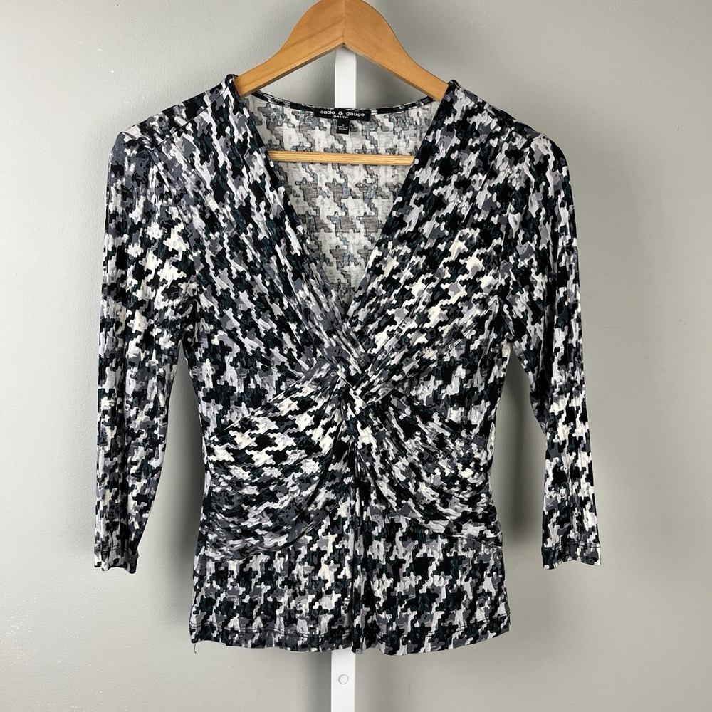 Vintage Y2K Cable & Gauge Top Shirt Womens PS Black‎ Gray Twist Front Stretch